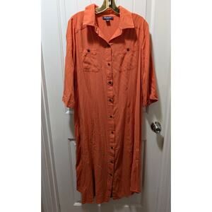 Roman's Orange Shirt Dress Women's 14 W Pockets Roll Tab Sleeves Button Down